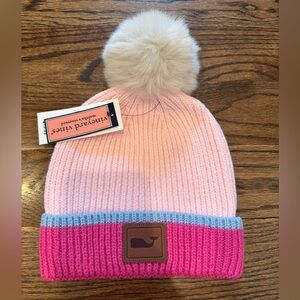 Vineyard Vines Girls Colorblock Rib Knit Pom Pom Beanie—NWT
